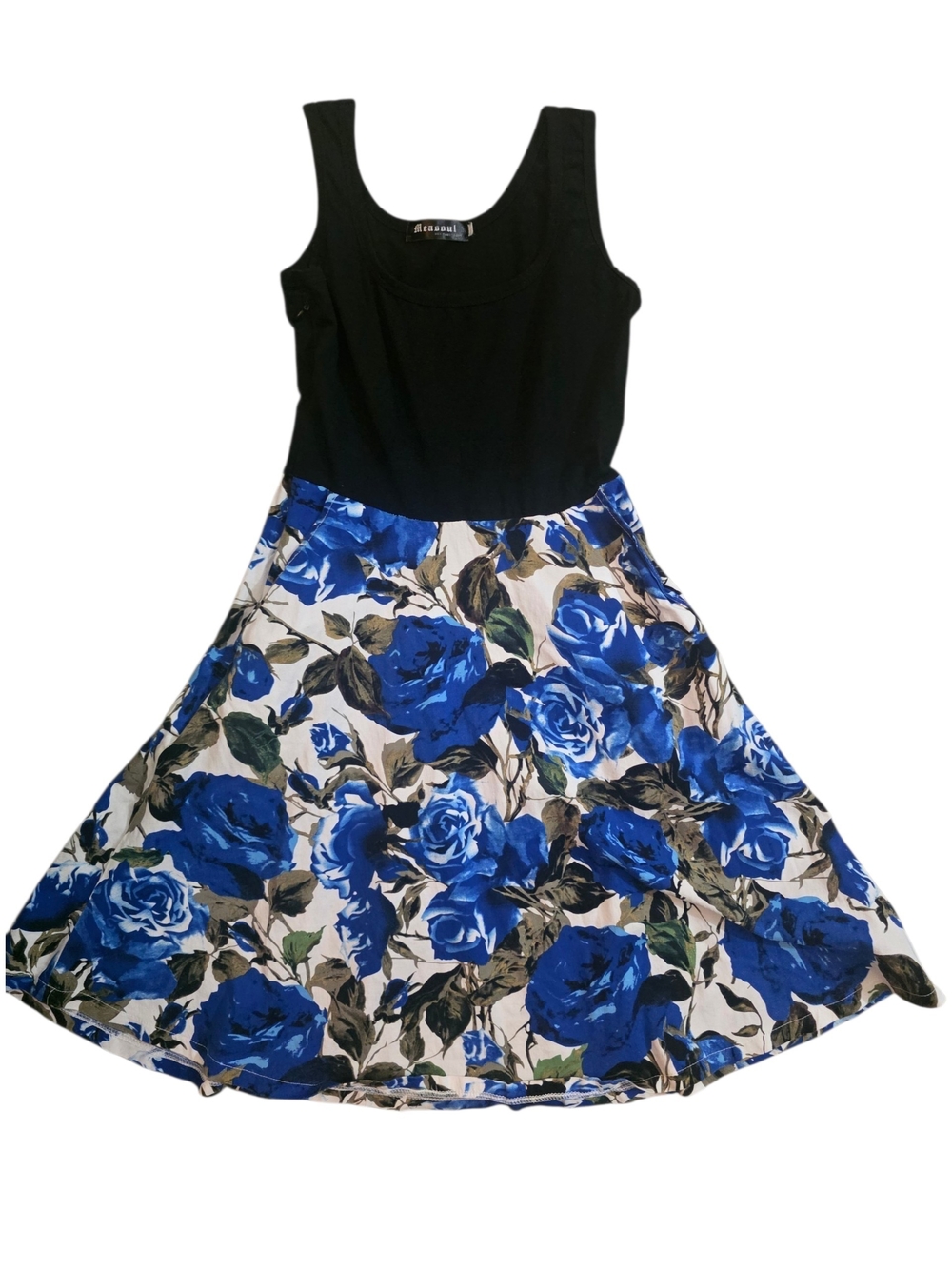 Sleeveless Black Bodice Dress with Blue Floral Design